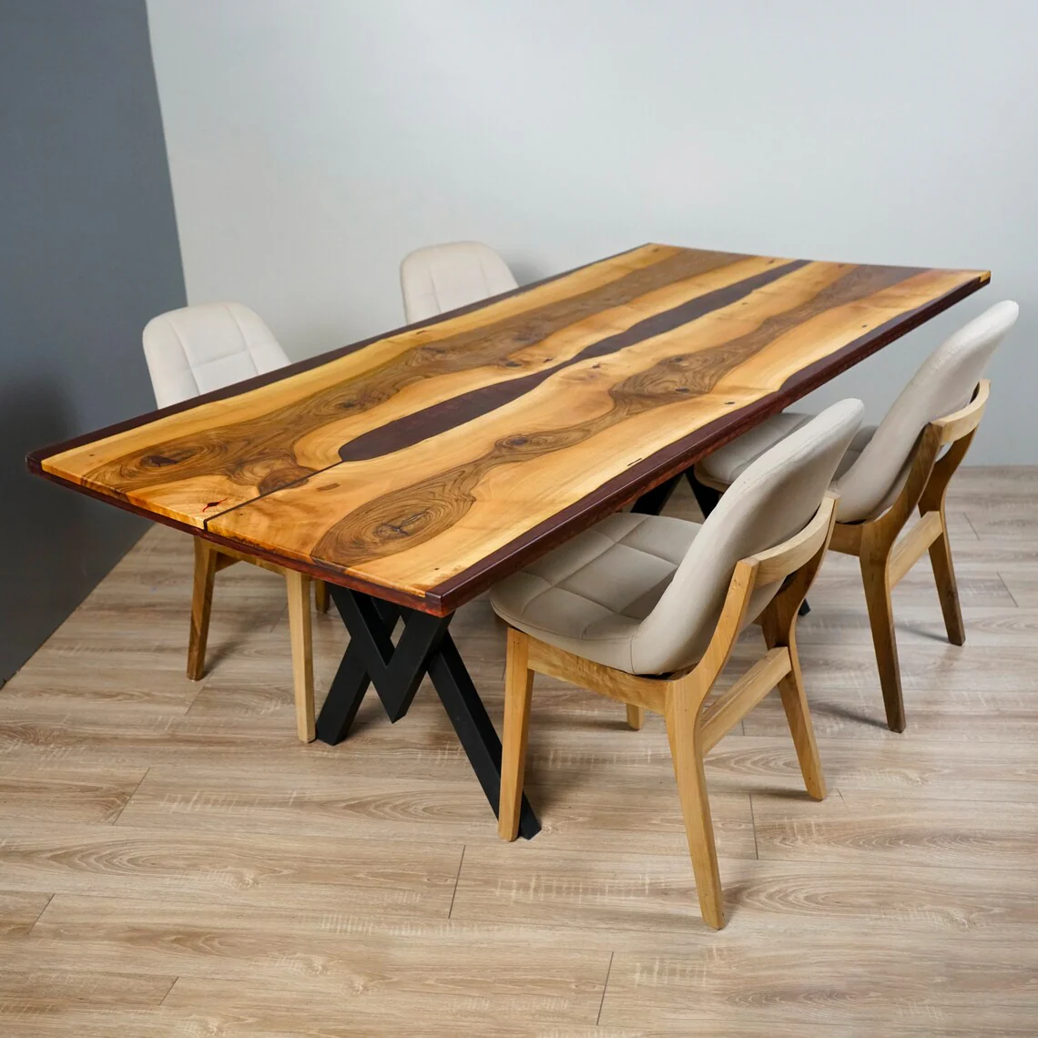 Live Edge Walnut Dining Table with Burgundy Epoxy and Metal Legs - Image 7