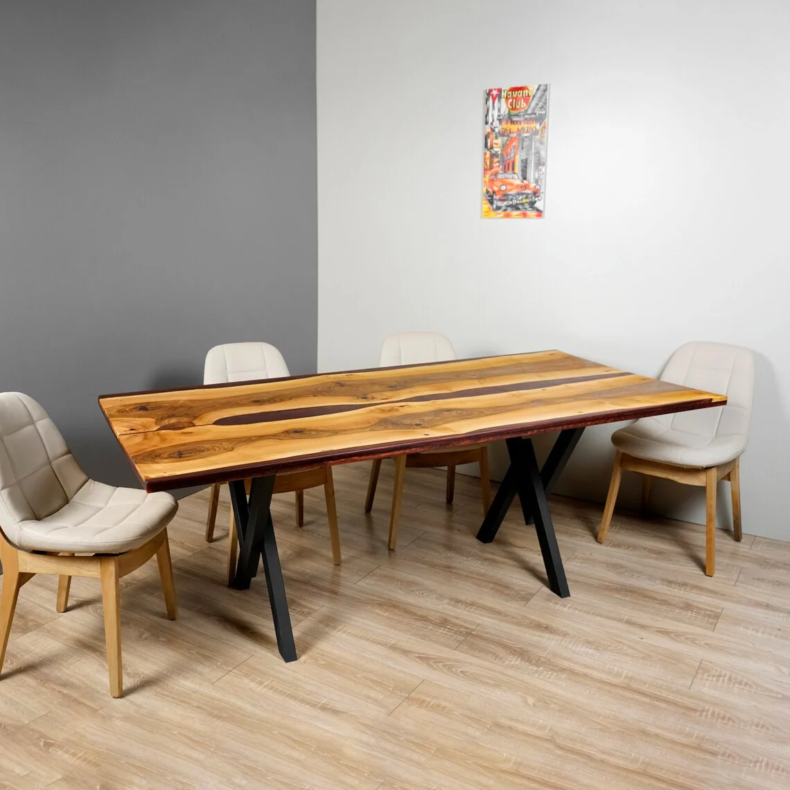 Live Edge Walnut Dining Table with Burgundy Epoxy and Metal Legs - Image 8