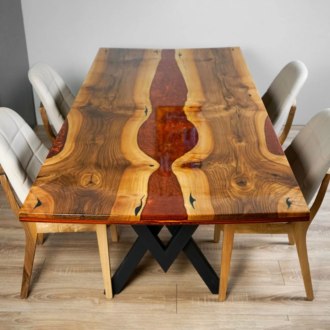Live Edge Walnut Dining Table with Burgundy Epoxy River Design - Image 6