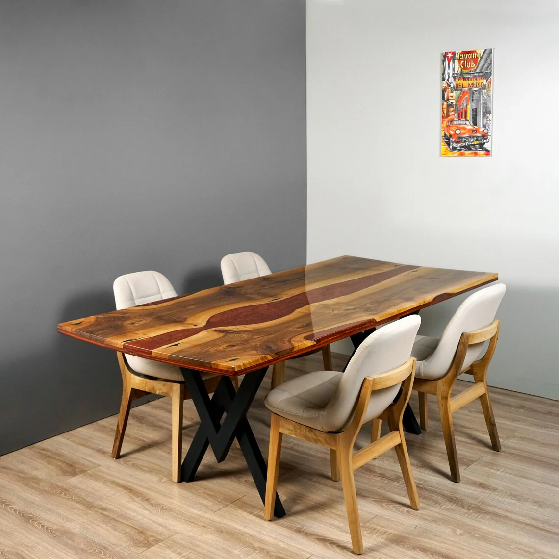 Live Edge Walnut Dining Table with Burgundy Epoxy River Design - Image 7