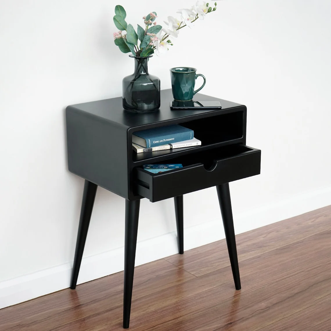 Mid Century Nightstand - Black Bedside Table with Drawer and Shelf - Image 11