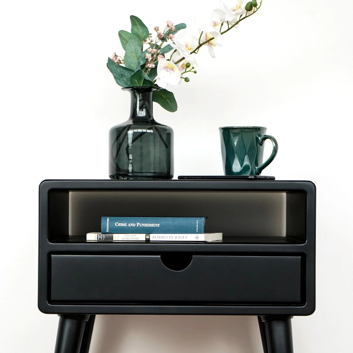 Mid Century Nightstand - Black Bedside Table with Drawer and Shelf - Image 12
