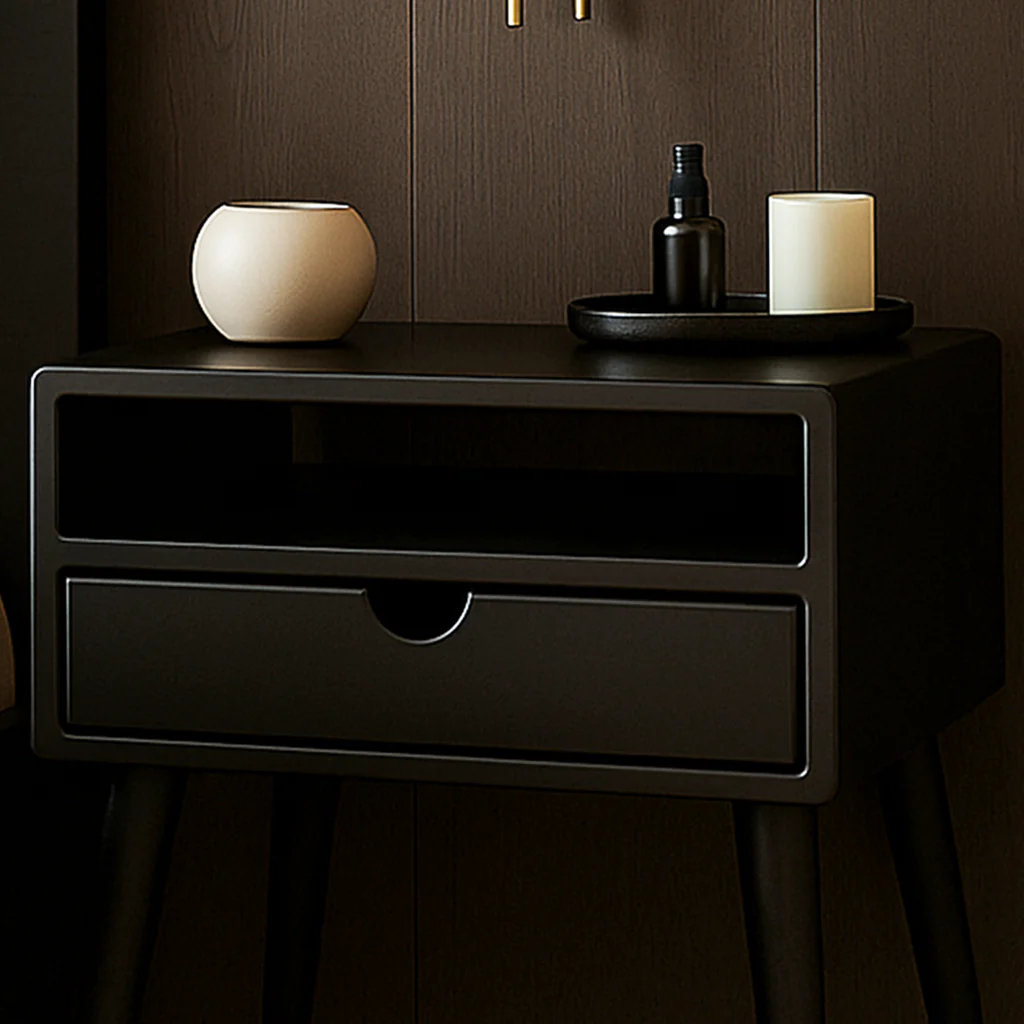 Mid Century Nightstand - Black Bedside Table with Drawer and Shelf - Image 3