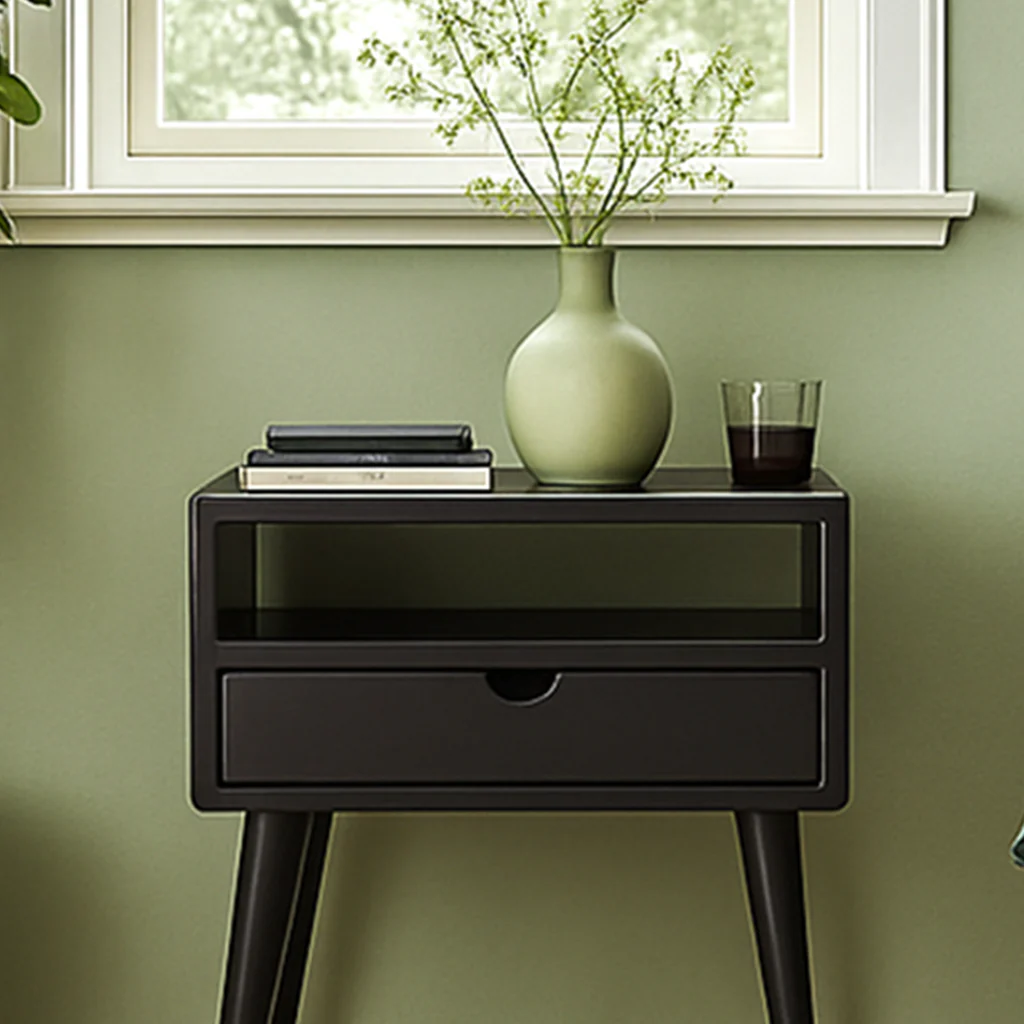 Mid Century Nightstand - Black Bedside Table with Drawer and Shelf - Image 4