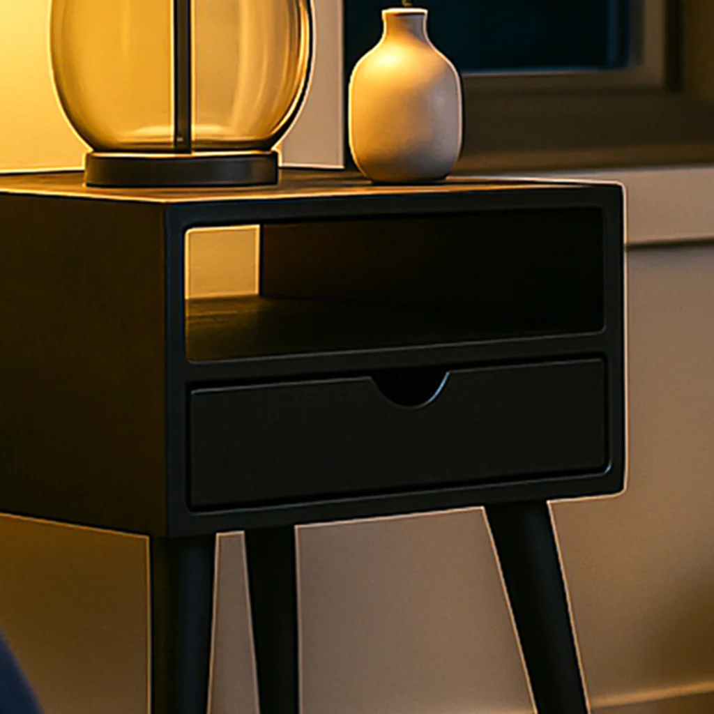 Mid Century Nightstand - Black Bedside Table with Drawer and Shelf - Image 5