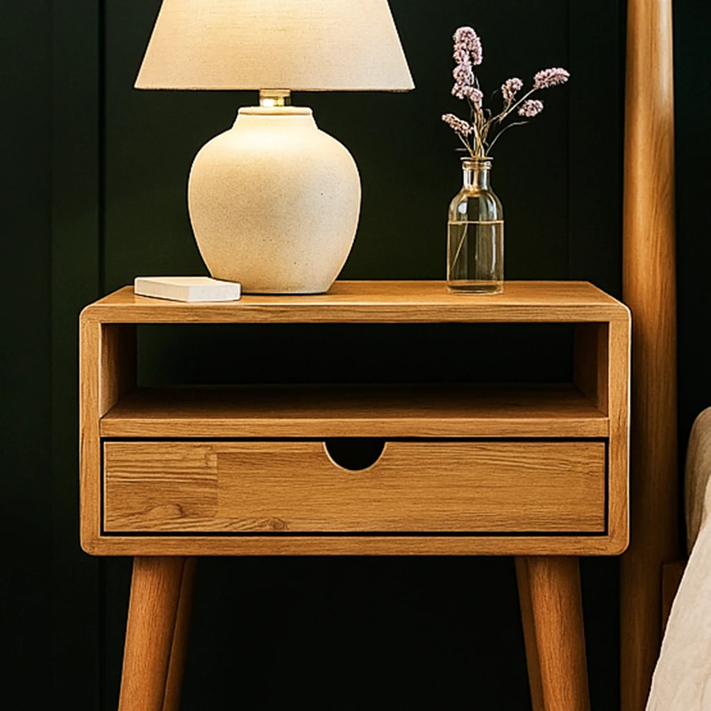 Mid Century Nightstand - Light Oak Bedside Table with Drawer - Image 4