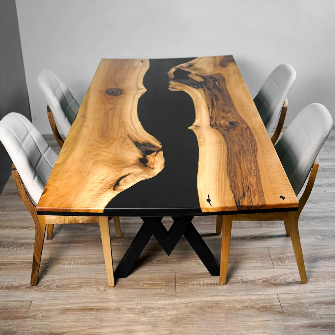 Walnut Dining Table with Metal Legs - Black Epoxy River - Image 12
