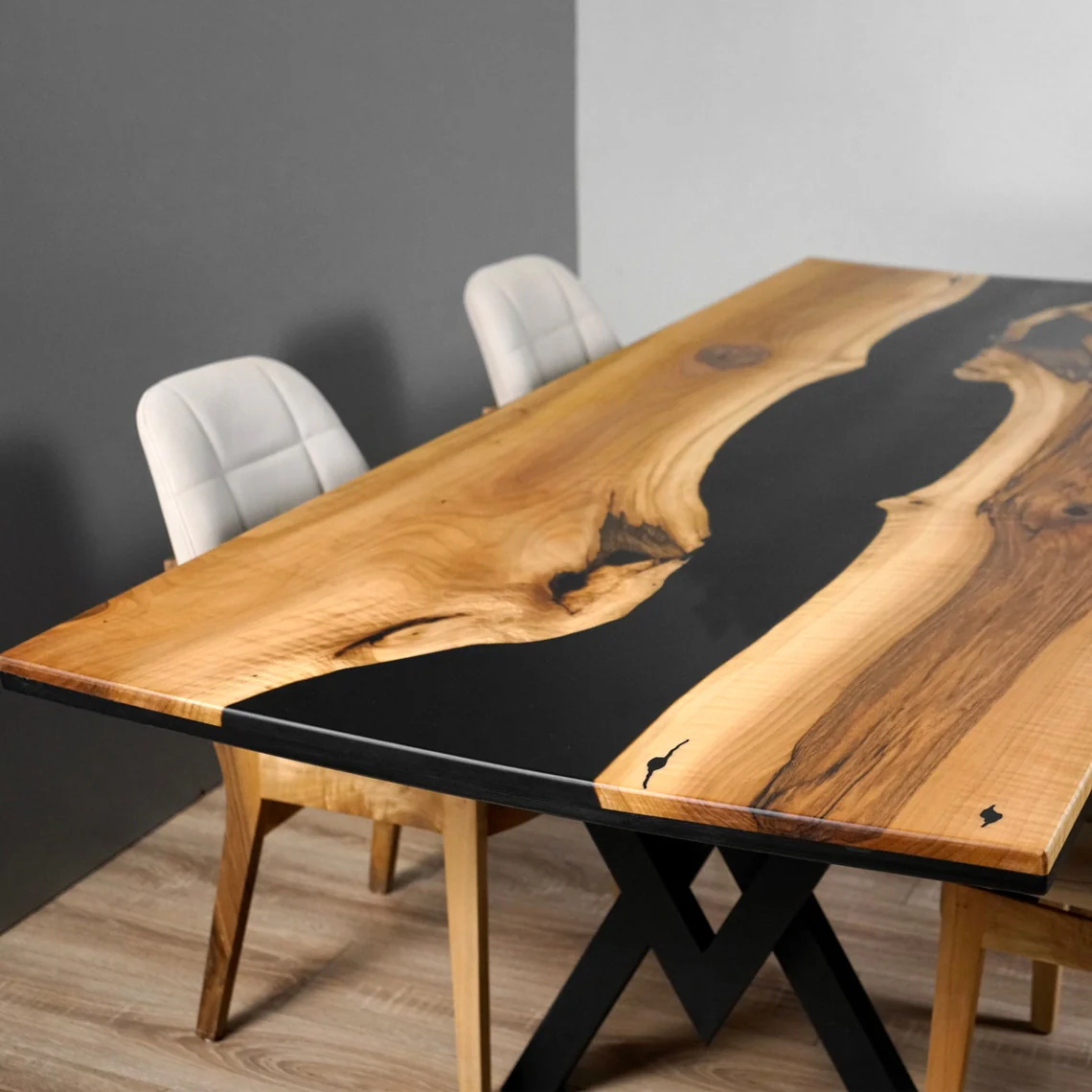 Walnut Dining Table with Metal Legs - Black Epoxy River - Image 14