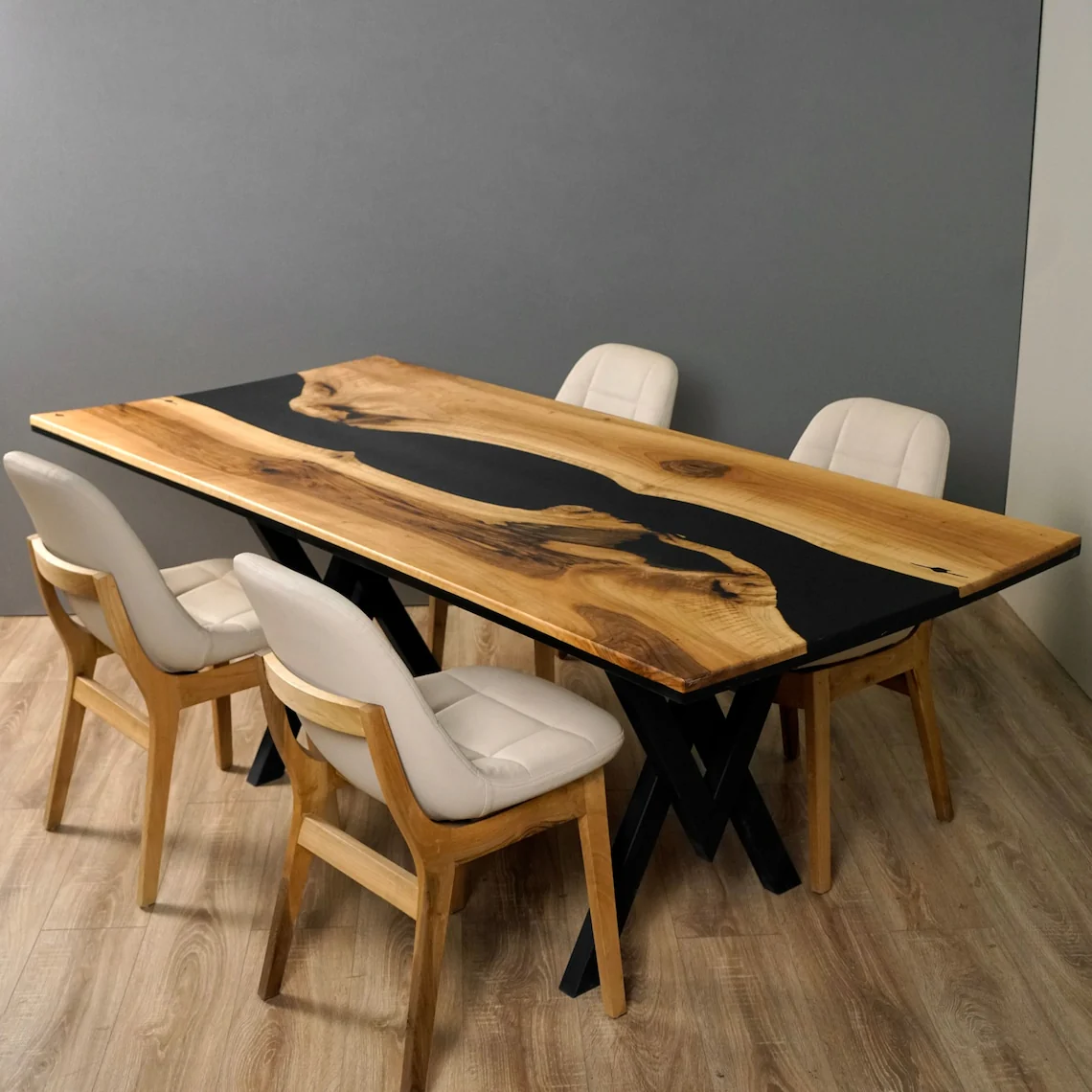 Walnut Dining Table with Metal Legs - Black Epoxy River - Image 16