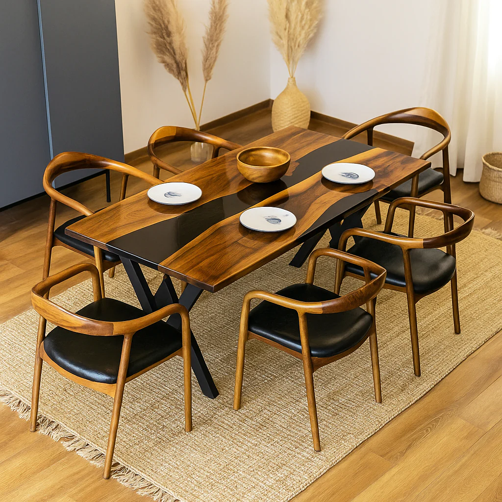 Walnut Dining Table with Metal Legs - Black Epoxy River - Image 4
