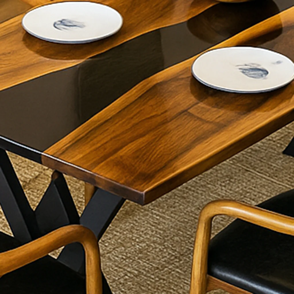 Walnut Dining Table with Metal Legs - Black Epoxy River - Image 5