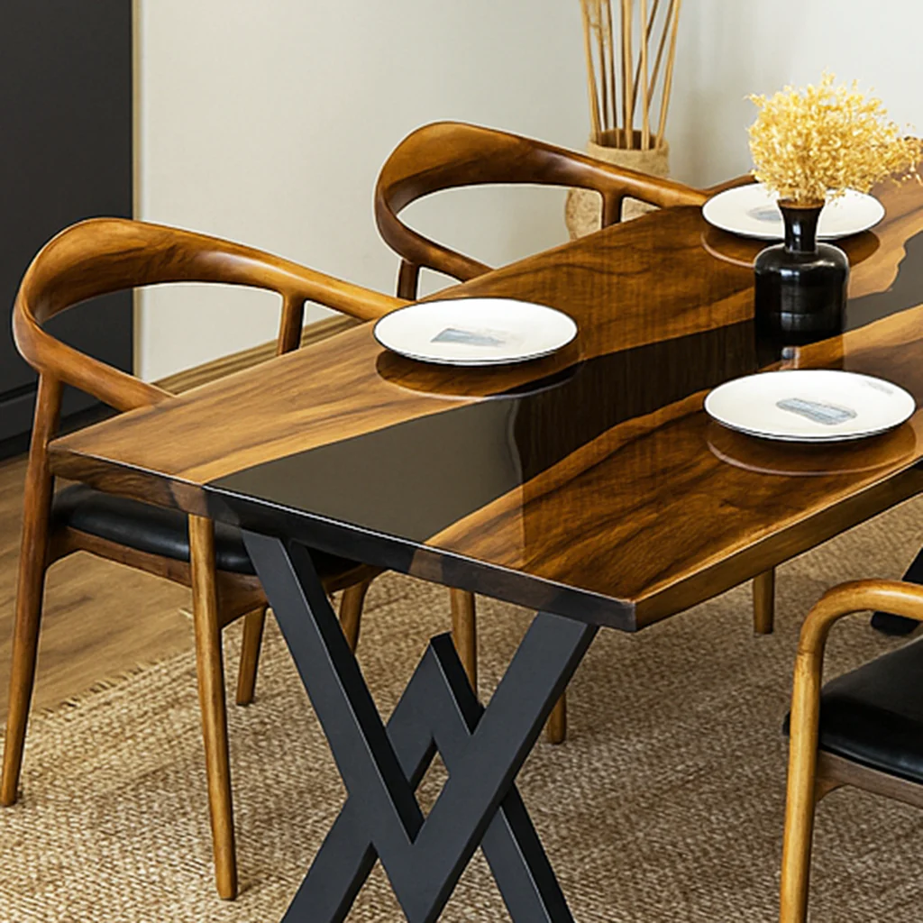 Walnut Dining Table with Metal Legs - Black Epoxy River - Image 6