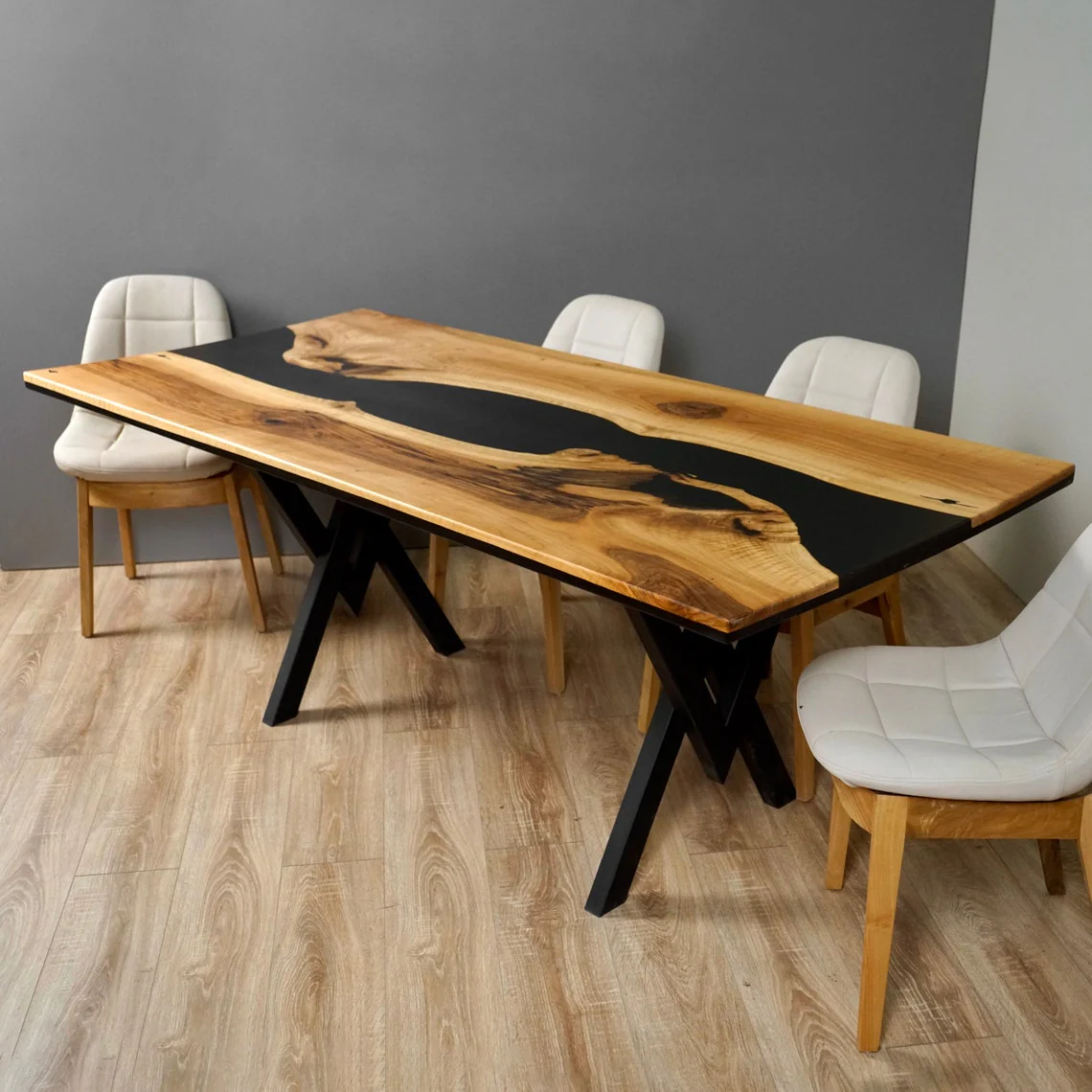 Walnut Dining Table with Metal Legs - Black Epoxy River - Image 7