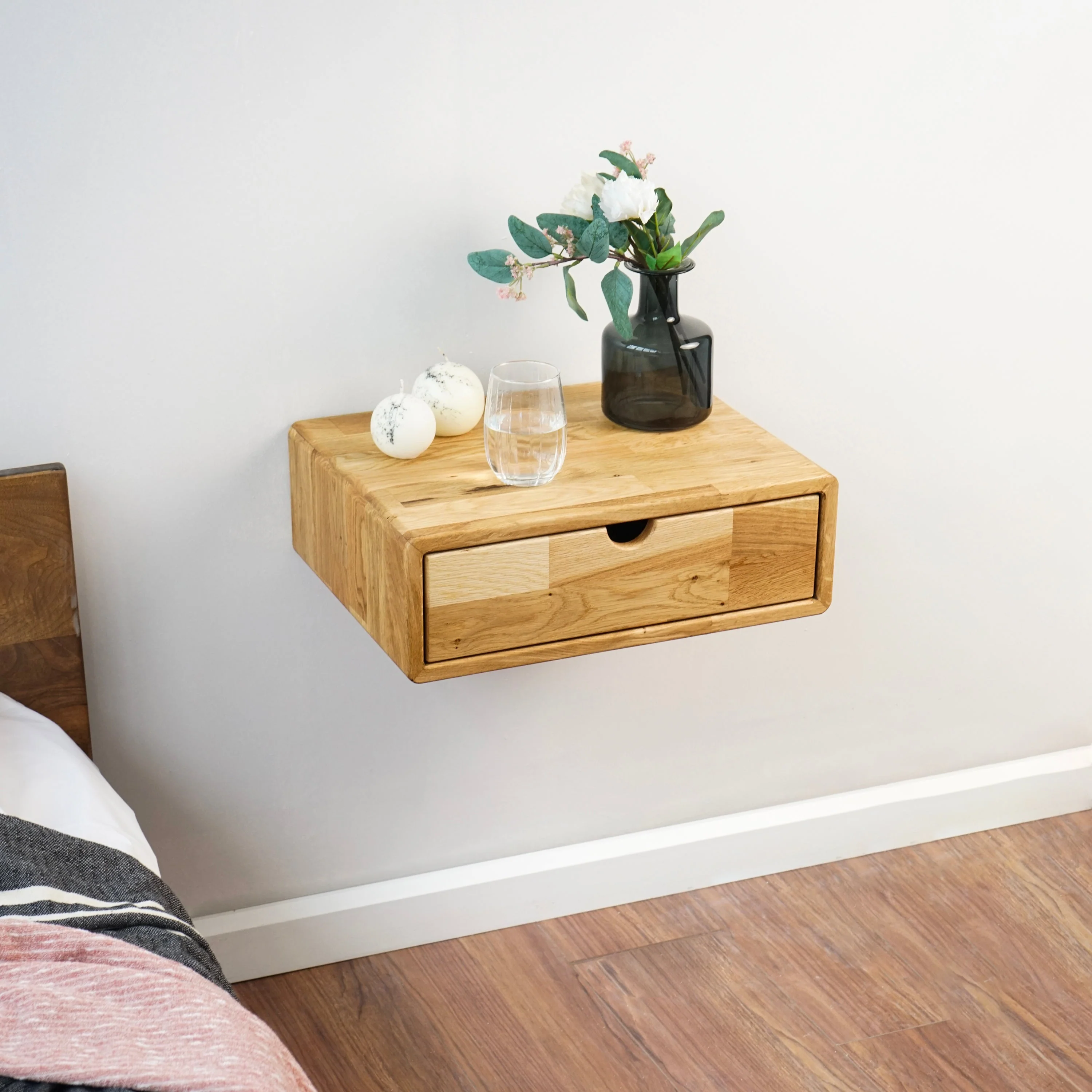 Solid Wood Floating Nightstand - Oak Bedside Table With Drawer - Image 10
