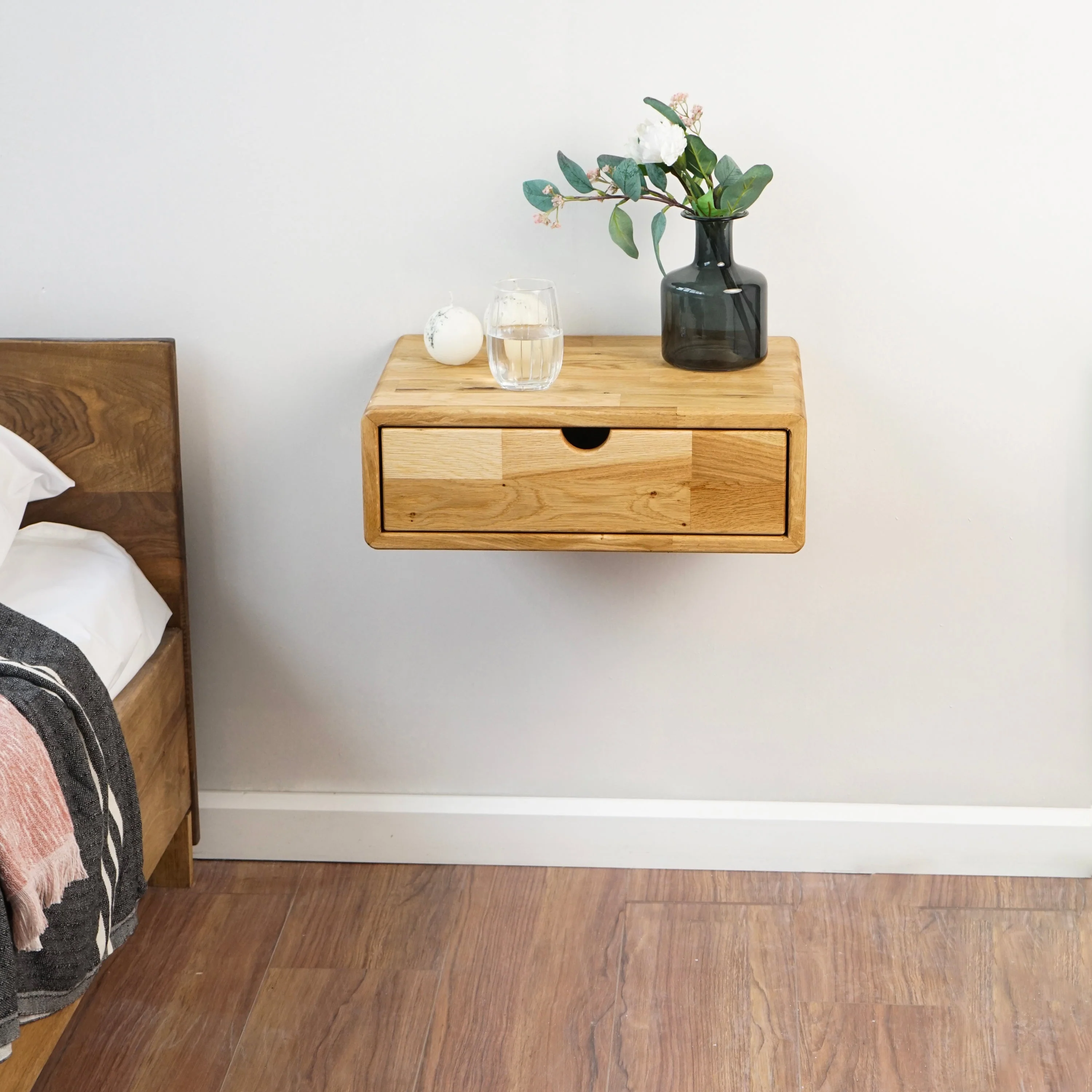 Solid Wood Floating Nightstand - Oak Bedside Table With Drawer - Image 4