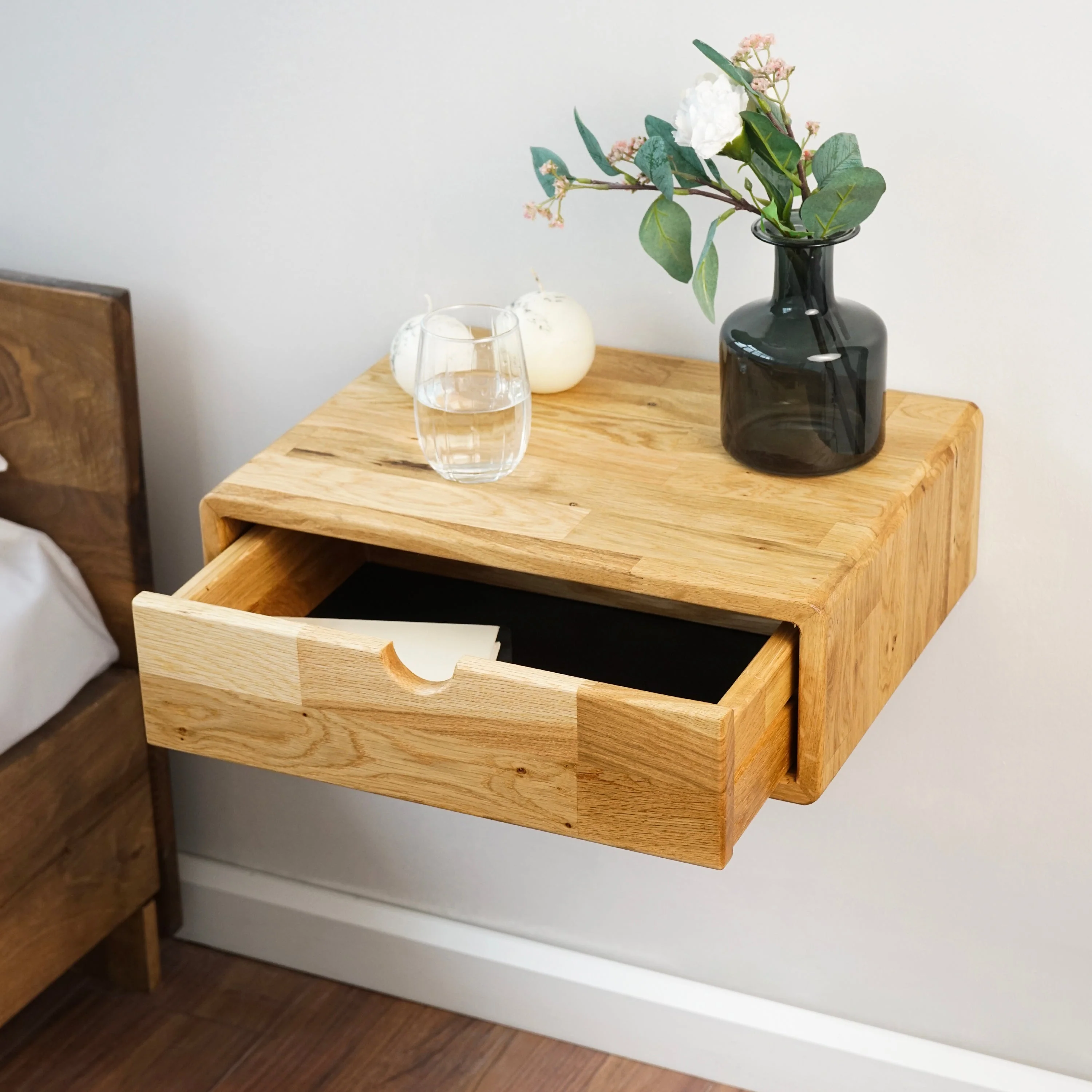 Solid Wood Floating Nightstand - Oak Bedside Table With Drawer - Image 5