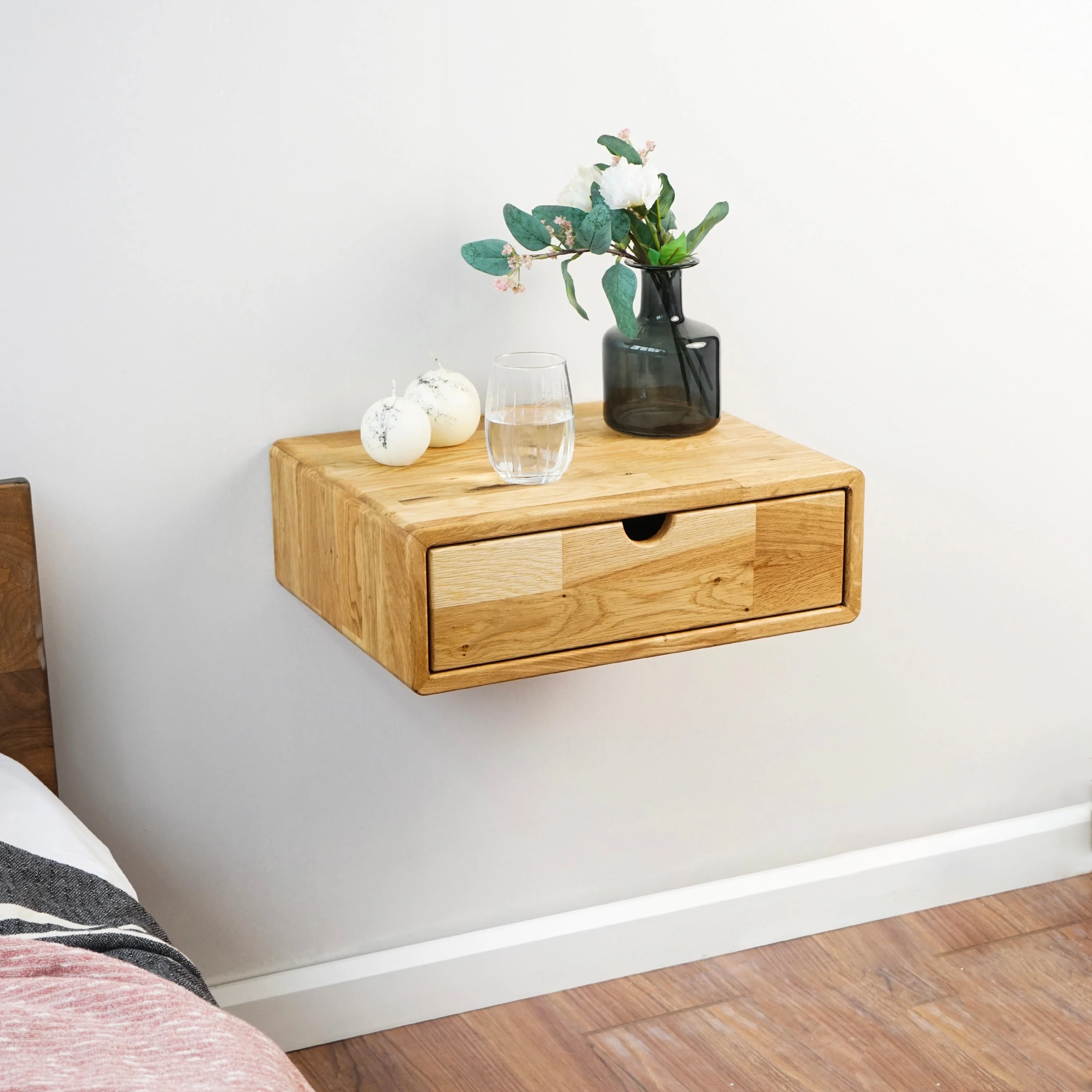 Solid Wood Floating Nightstand - Oak Bedside Table With Drawer - Image 6
