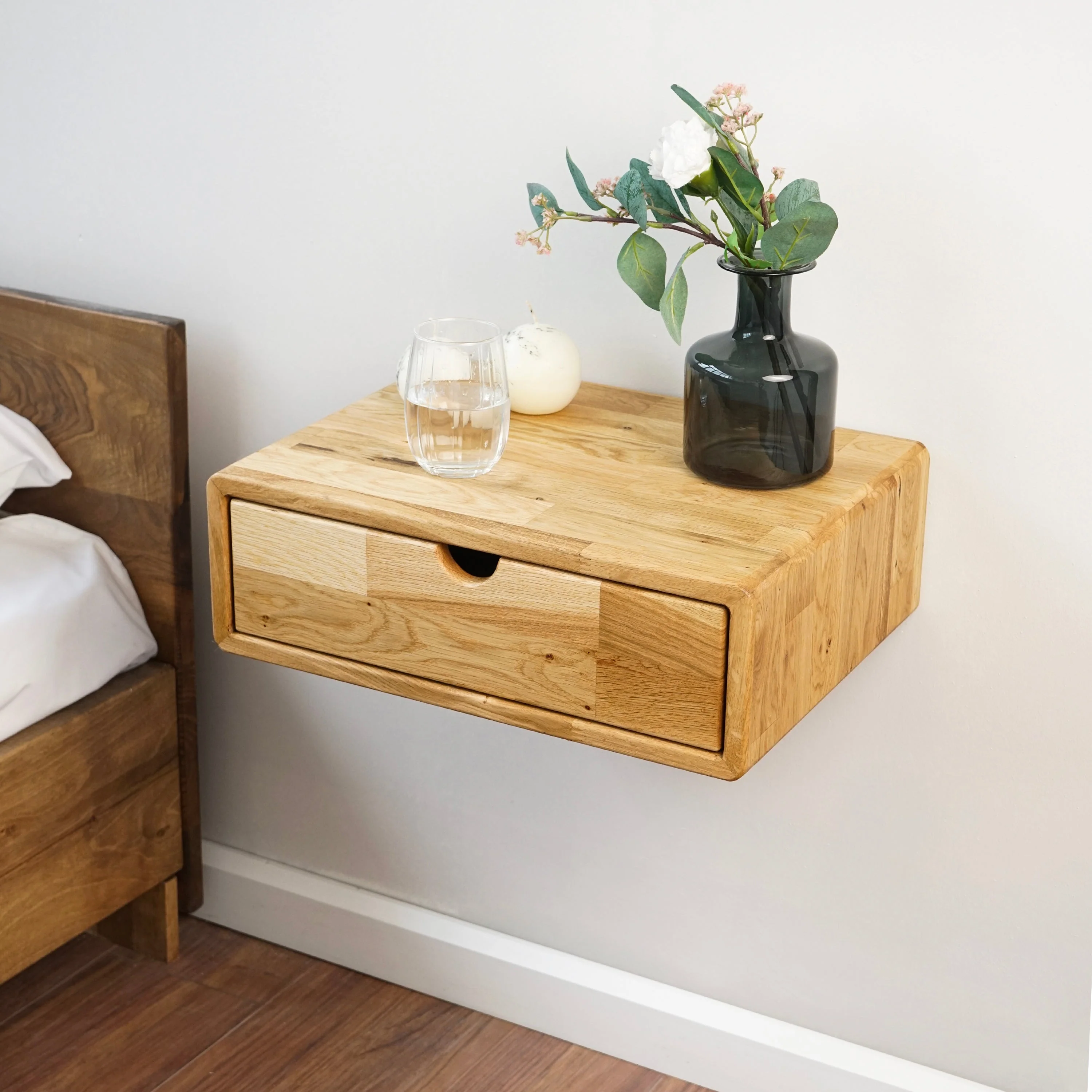 Solid Wood Floating Nightstand - Oak Bedside Table With Drawer - Image 7