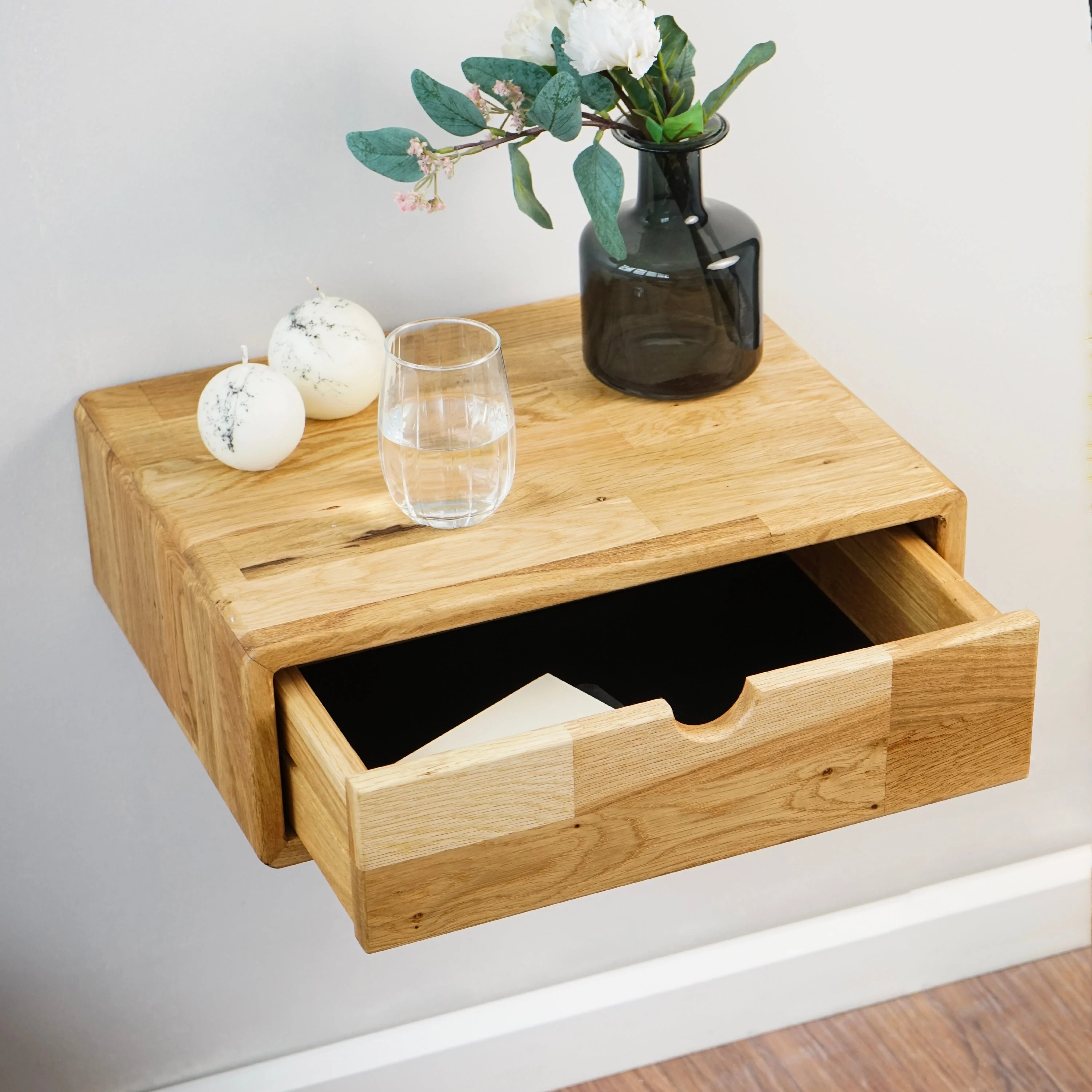 Solid Wood Floating Nightstand - Oak Bedside Table With Drawer - Image 9