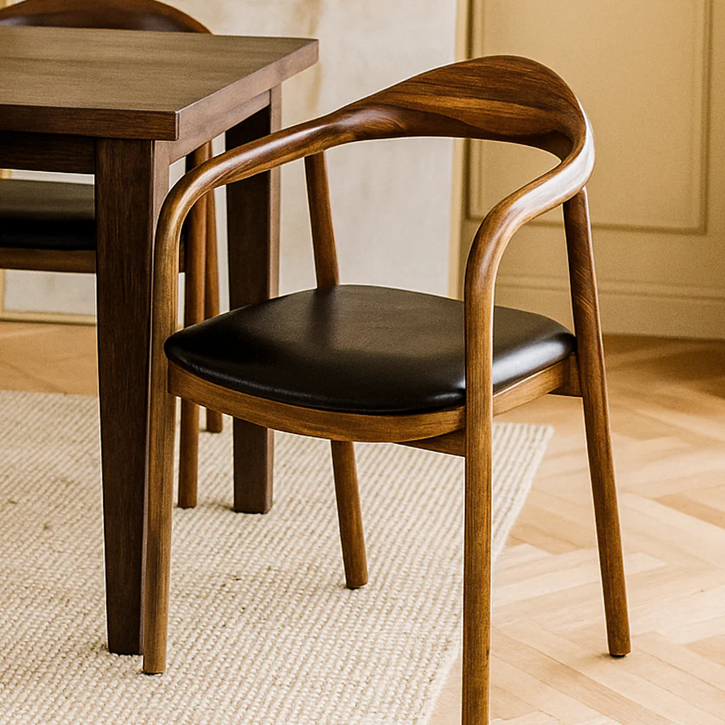 Solid Wood Walnut Dining Chair with Black Leather Cushion - Image 6