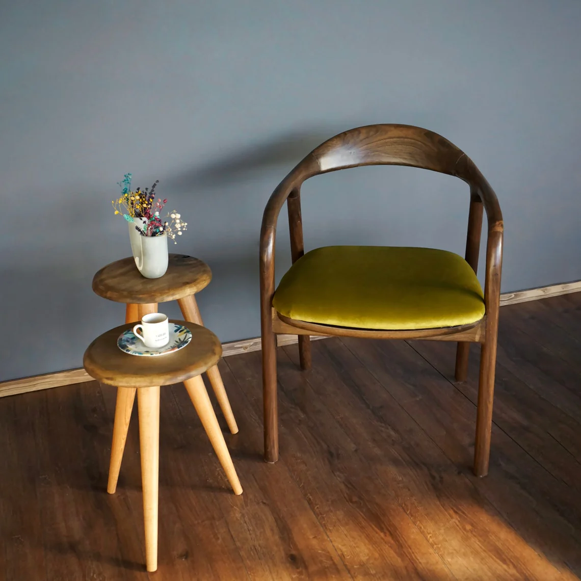 Solid Wood Walnut Dining Chair with Mustard Fabric Cushion - Image 11