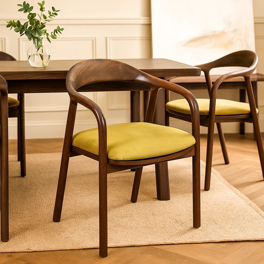 Solid Wood Walnut Dining Chair with Mustard Fabric Cushion - Image 4