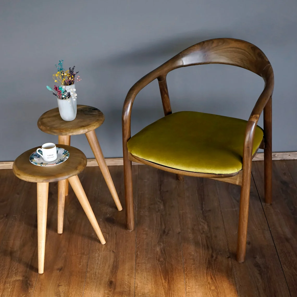 Solid Wood Walnut Dining Chair with Mustard Fabric Cushion - Image 5