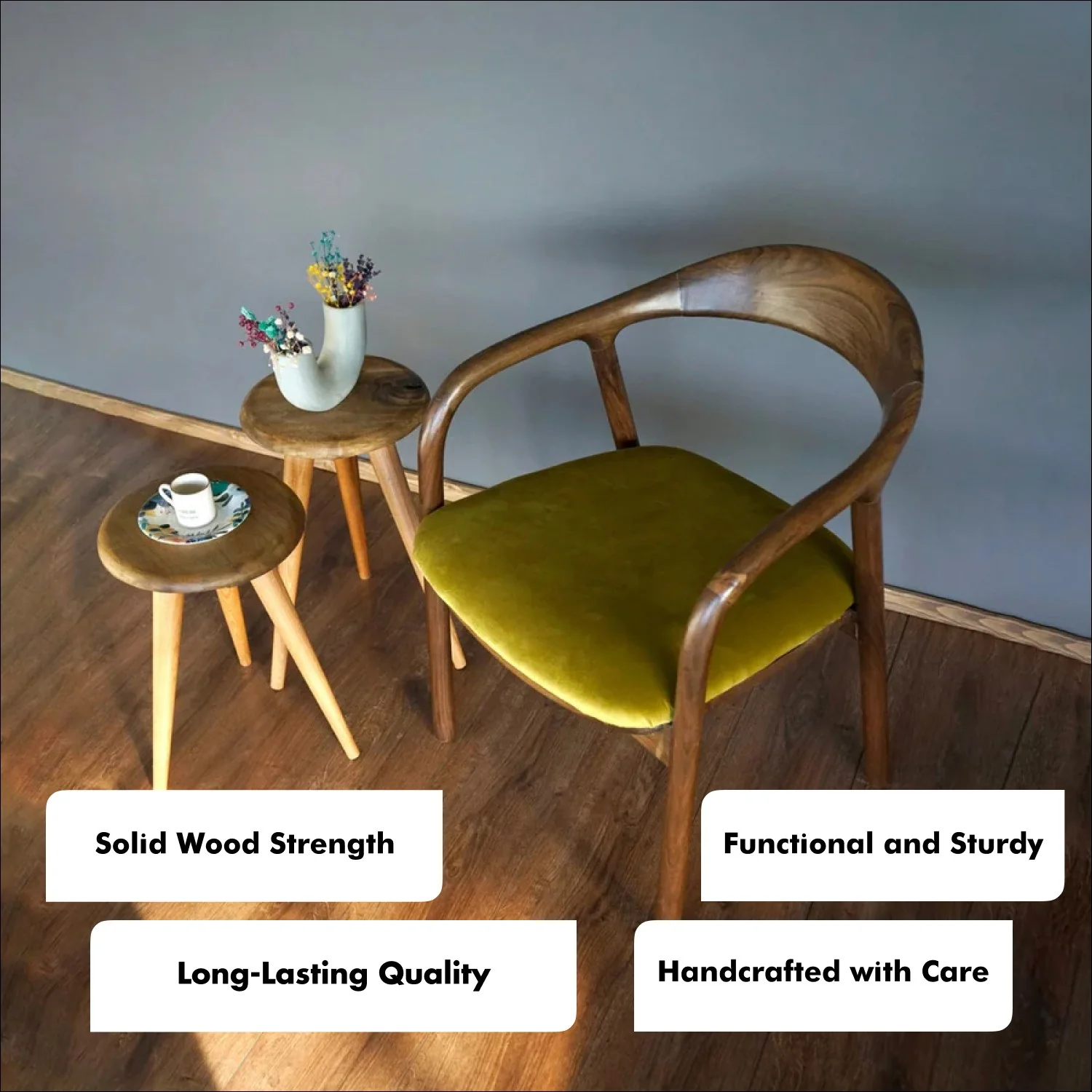 Solid Wood Walnut Dining Chair with Mustard Fabric Cushion - Image 6