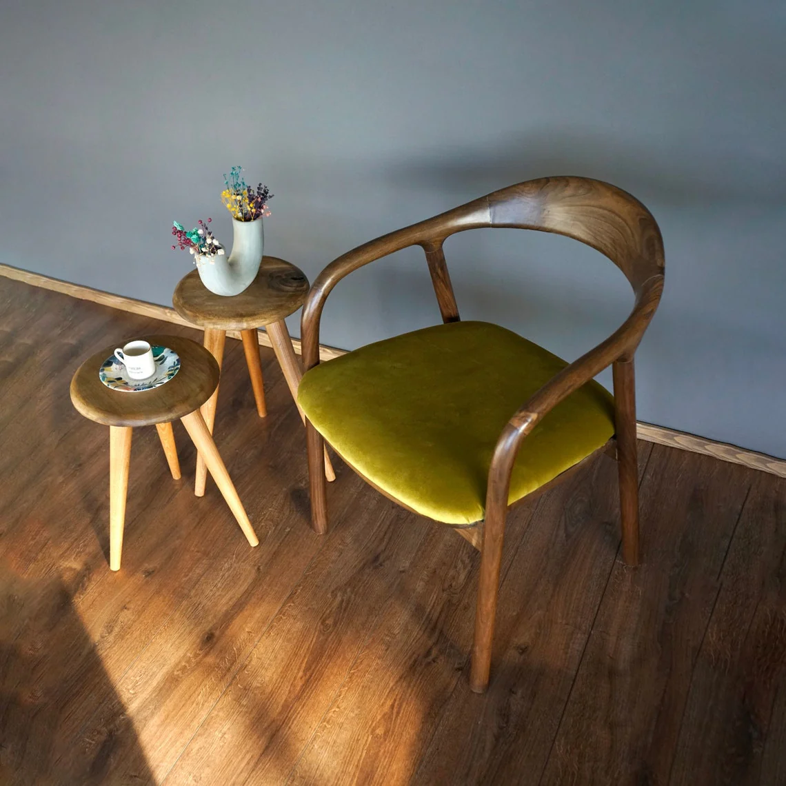 Solid Wood Walnut Dining Chair with Mustard Fabric Cushion - Image 8