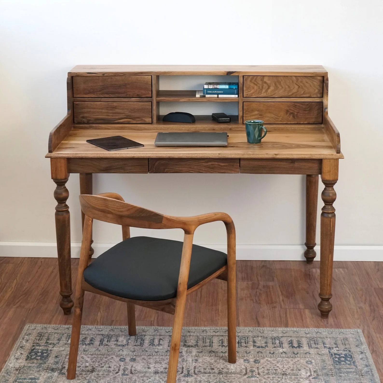 Walnut Desk with Drawers and Hutch - Mid Century Modern - Image 12