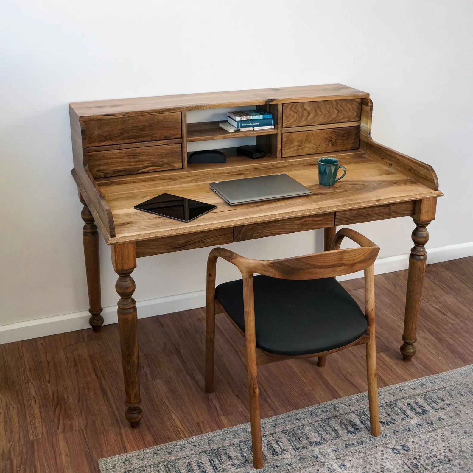Walnut Desk with Drawers and Hutch - Mid Century Modern - Image 6