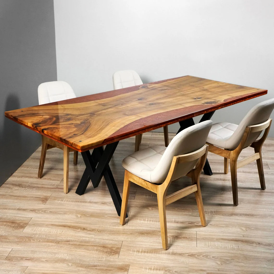 Walnut Live Edge Kitchen Table with Burgundy Epoxy Resin Details - Image 10