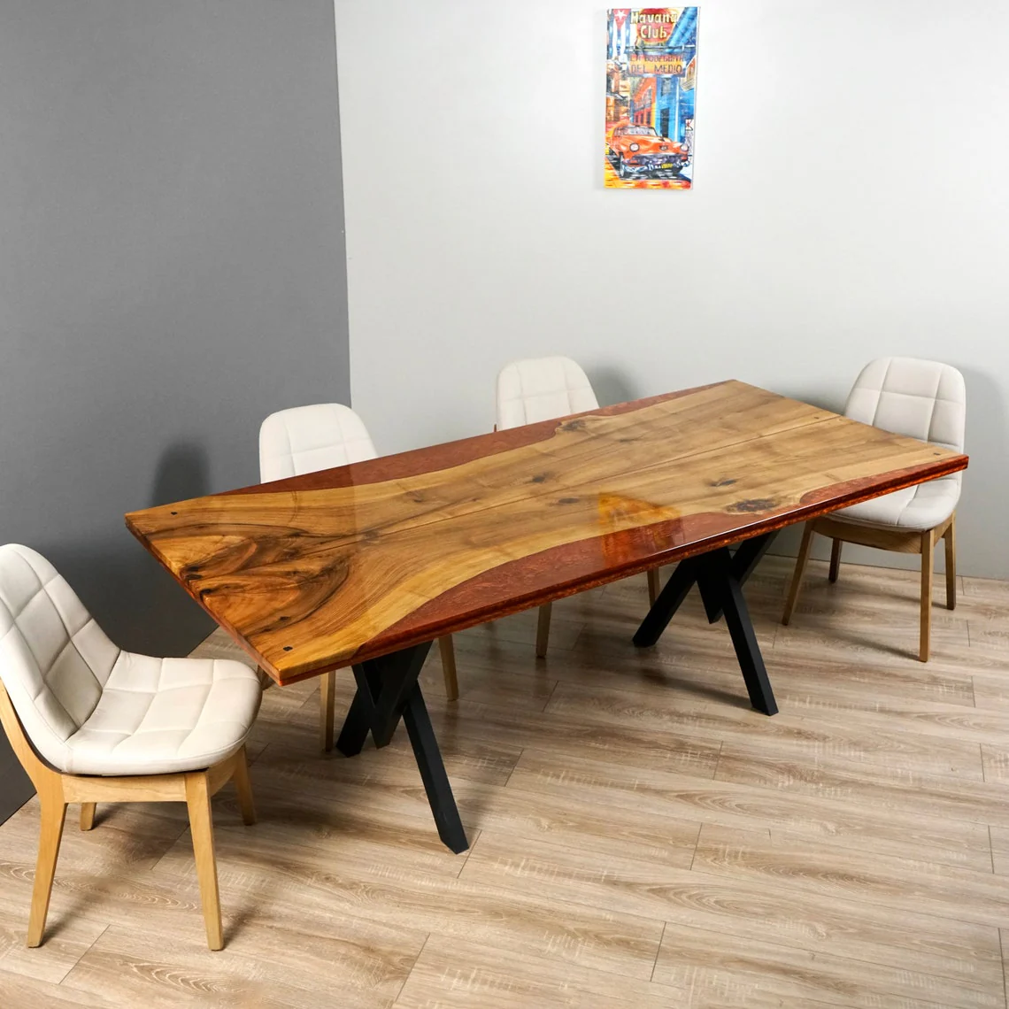 Walnut Live Edge Kitchen Table with Burgundy Epoxy Resin Details - Image 11