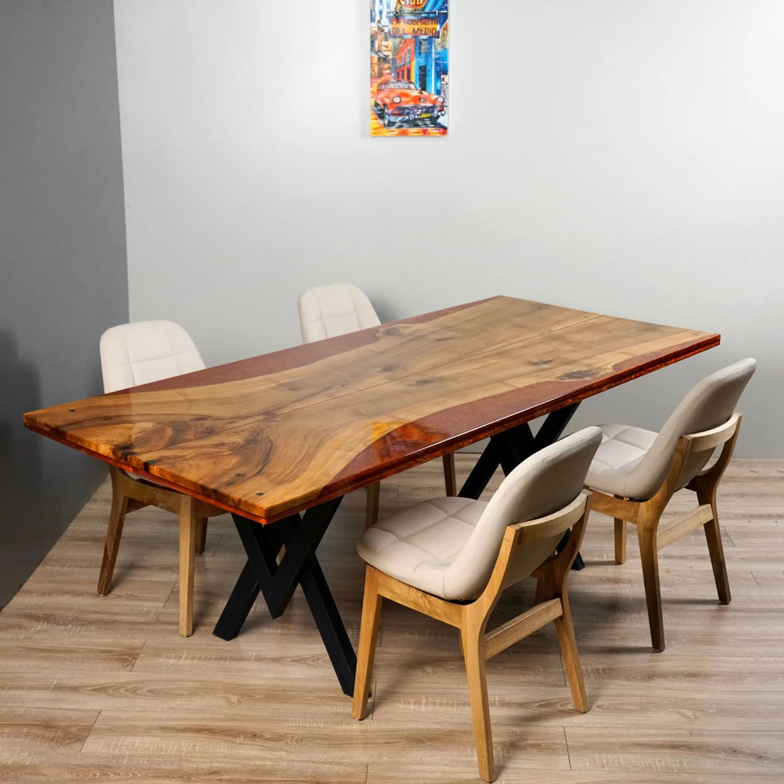 Walnut Live Edge Kitchen Table with Burgundy Epoxy Resin Details - Image 5