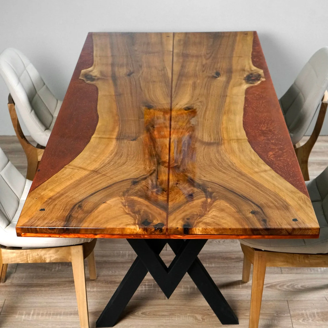 Walnut Live Edge Kitchen Table with Burgundy Epoxy Resin Details - Image 6