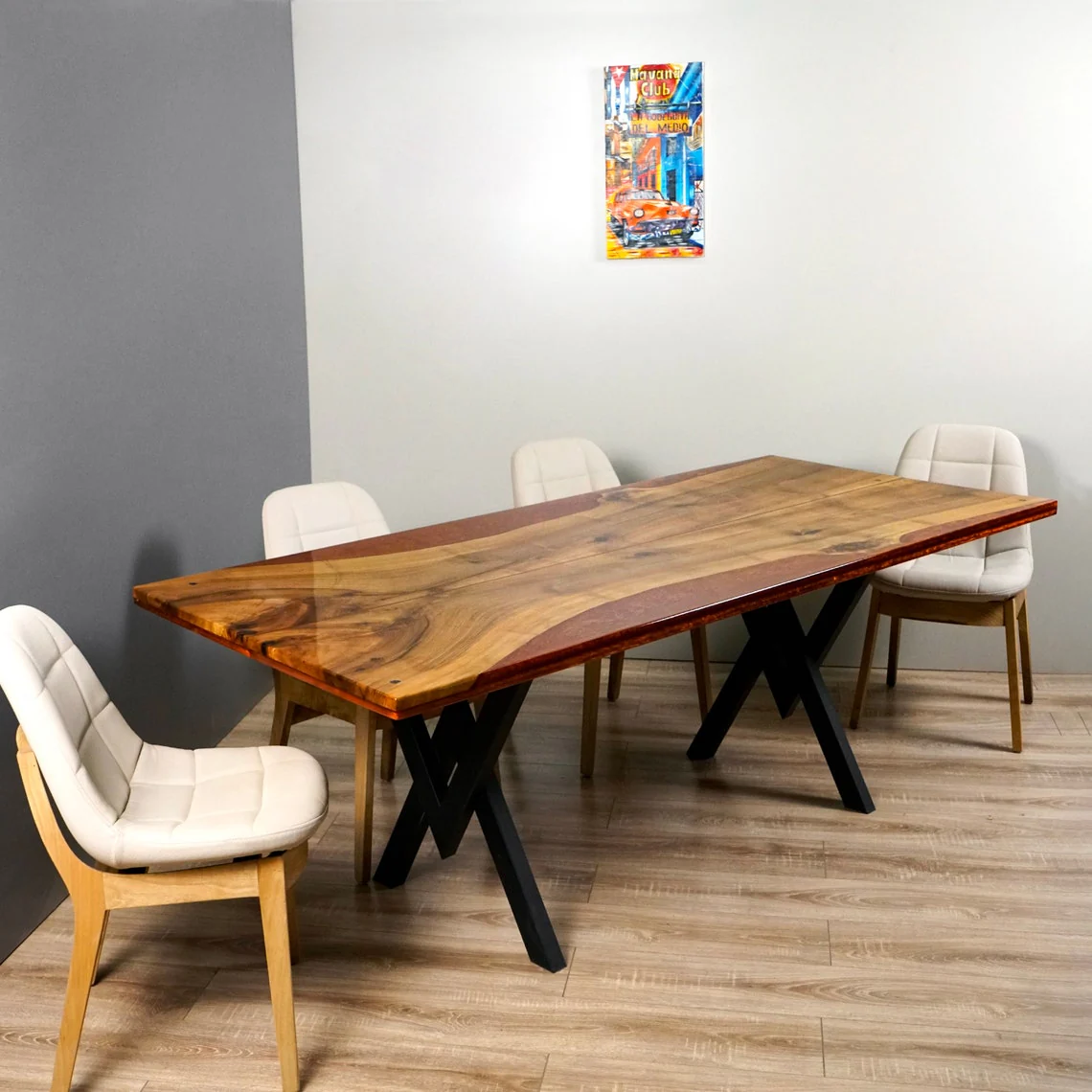 Walnut Live Edge Kitchen Table with Burgundy Epoxy Resin Details - Image 7