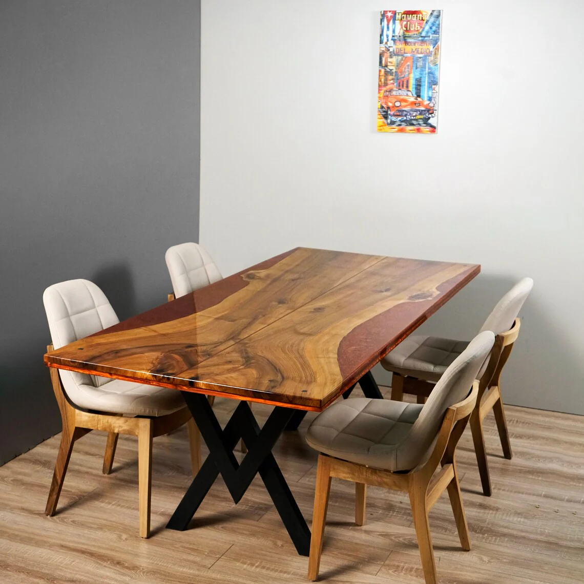 Walnut Live Edge Kitchen Table with Burgundy Epoxy Resin Details - Image 8