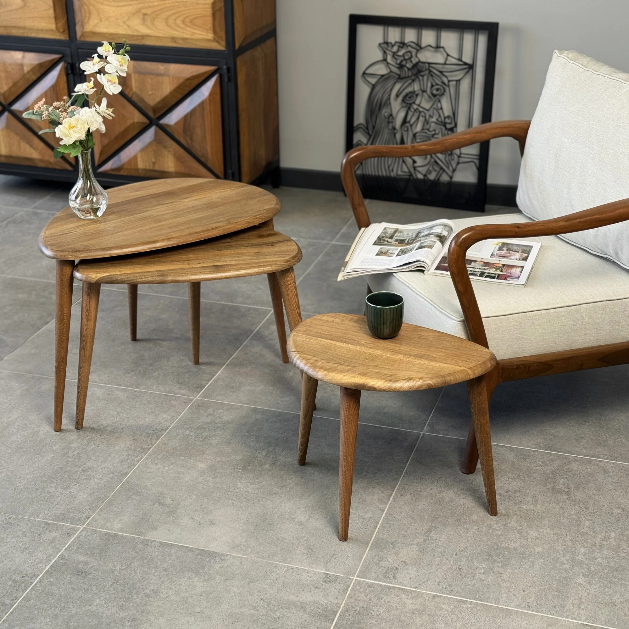 Nesting Table Set of 3 or 2 – Solid Walnut Ercol Pebble Style Side Tables - Image 5