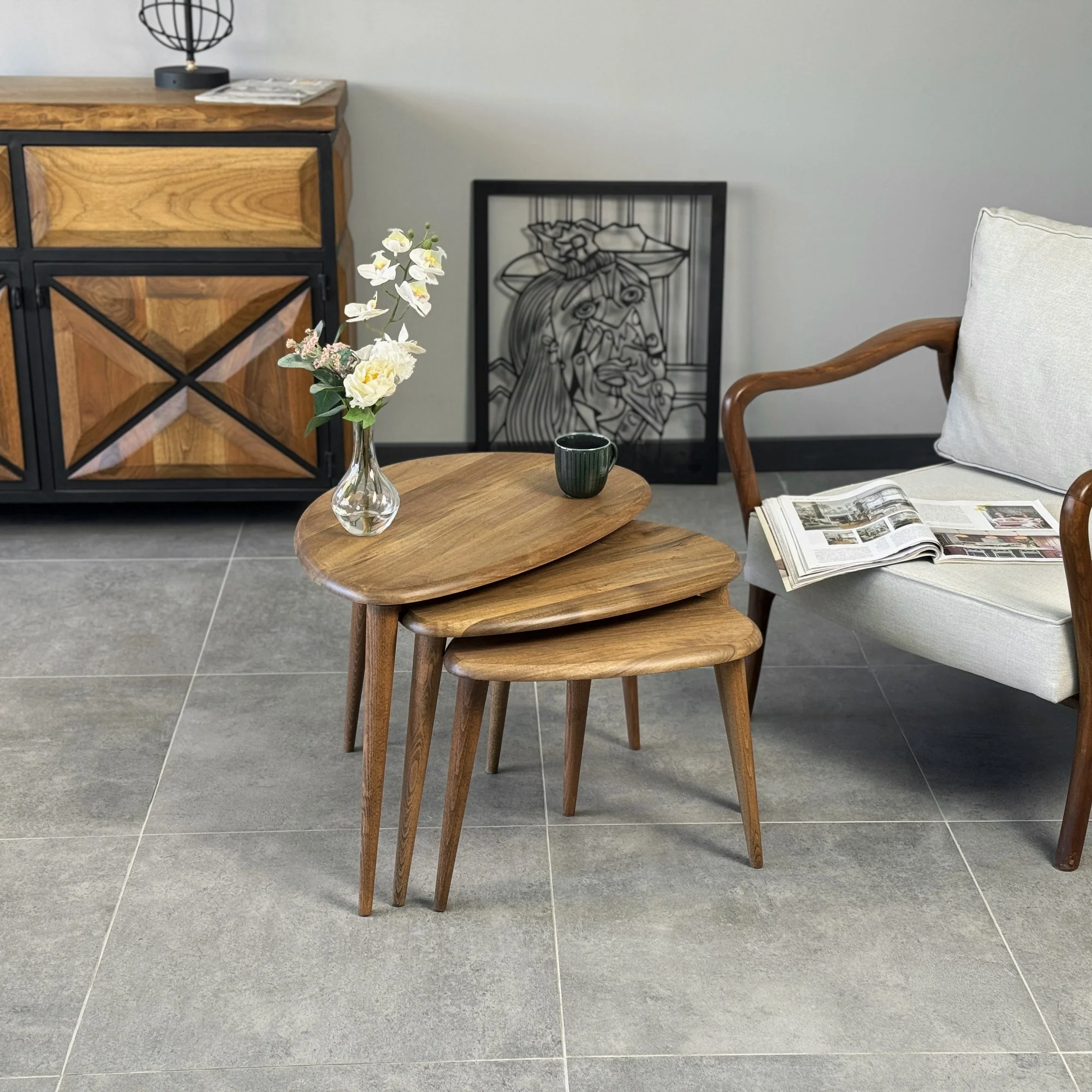 Nesting Table Set of 3 or 2 – Solid Walnut Ercol Pebble Style Side Tables - Image 6