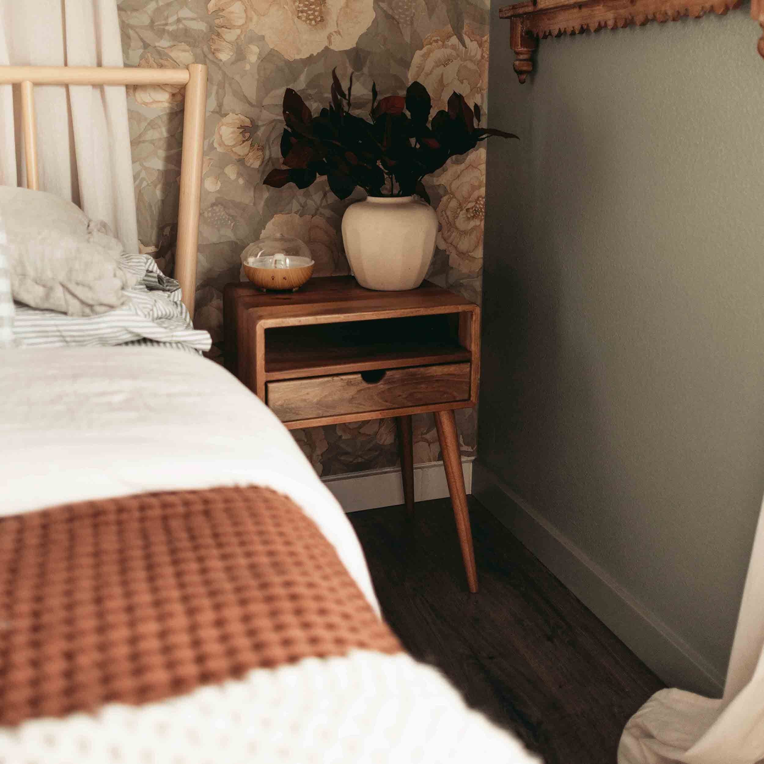 Walnut Nightstand Set of 2 - Mid Century Modern Bedside Table with Drawer and Shelf - Image 10