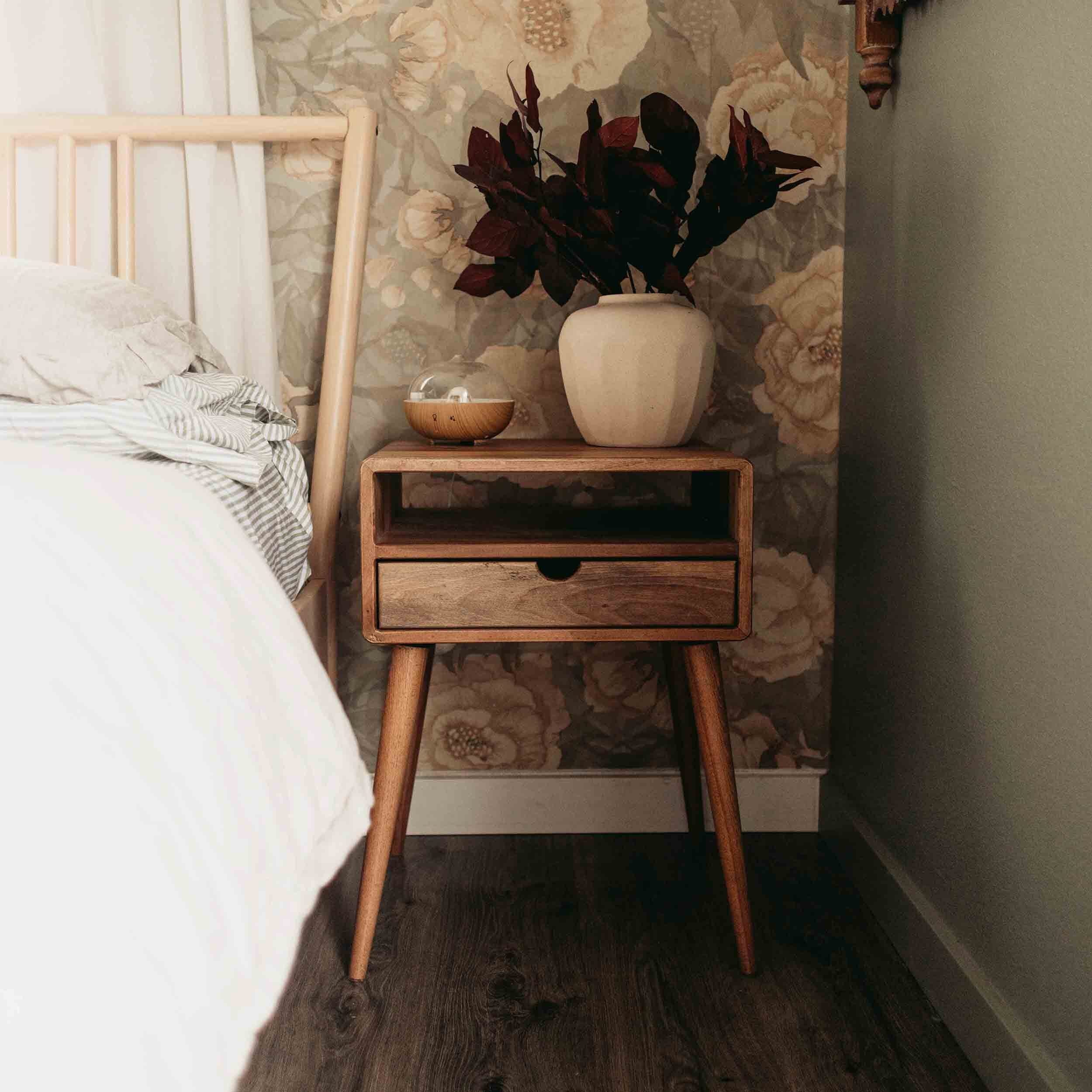 Walnut Nightstand Set of 2 - Mid Century Modern Bedside Table with Drawer and Shelf - Image 11