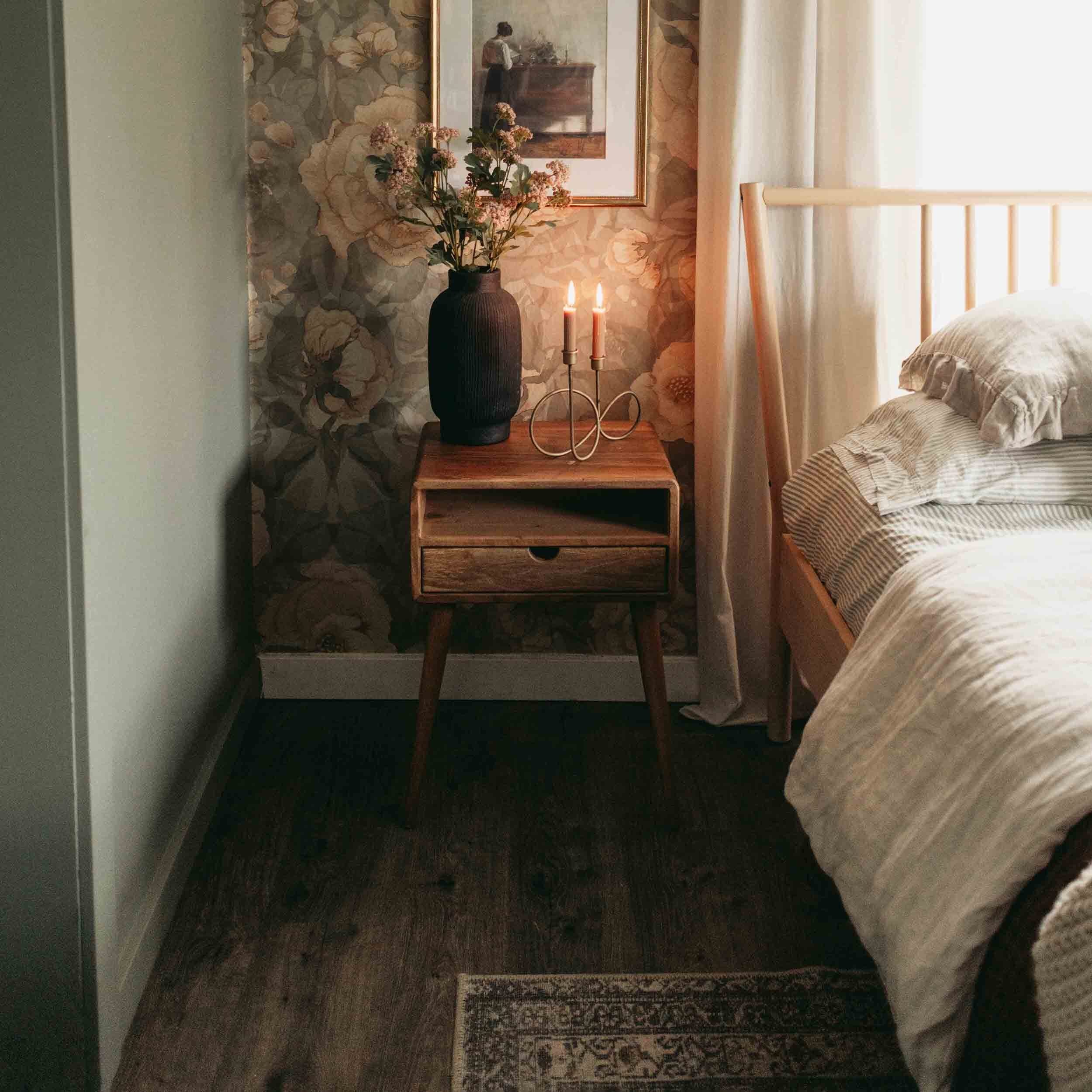 Walnut Nightstand Set of 2 - Mid Century Modern Bedside Table with Drawer and Shelf - Image 3