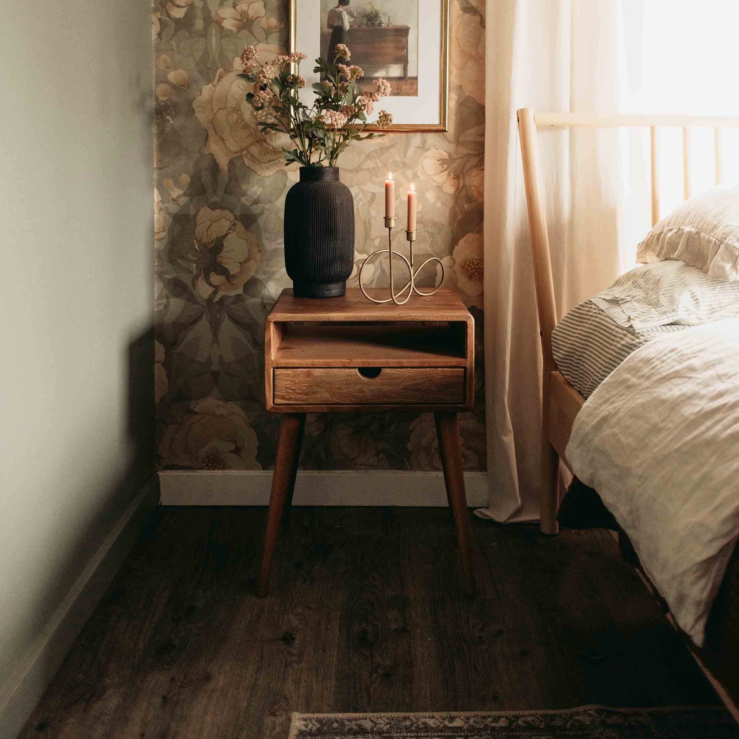 Walnut Nightstand Set of 2 - Mid Century Modern Bedside Table with Drawer and Shelf - Image 8