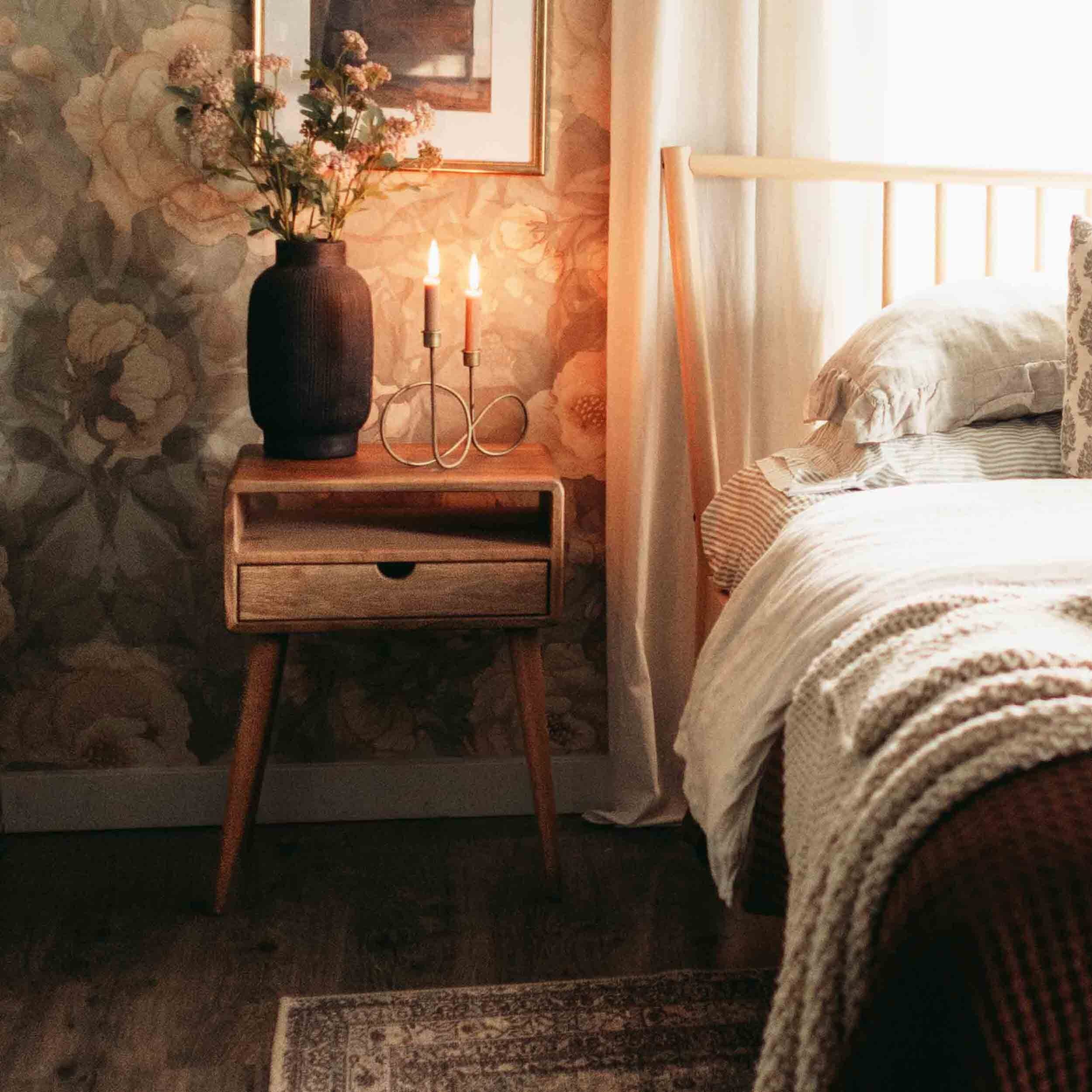 Walnut Nightstand Set of 2 - Mid Century Modern Bedside Table with Drawer and Shelf - Image 9