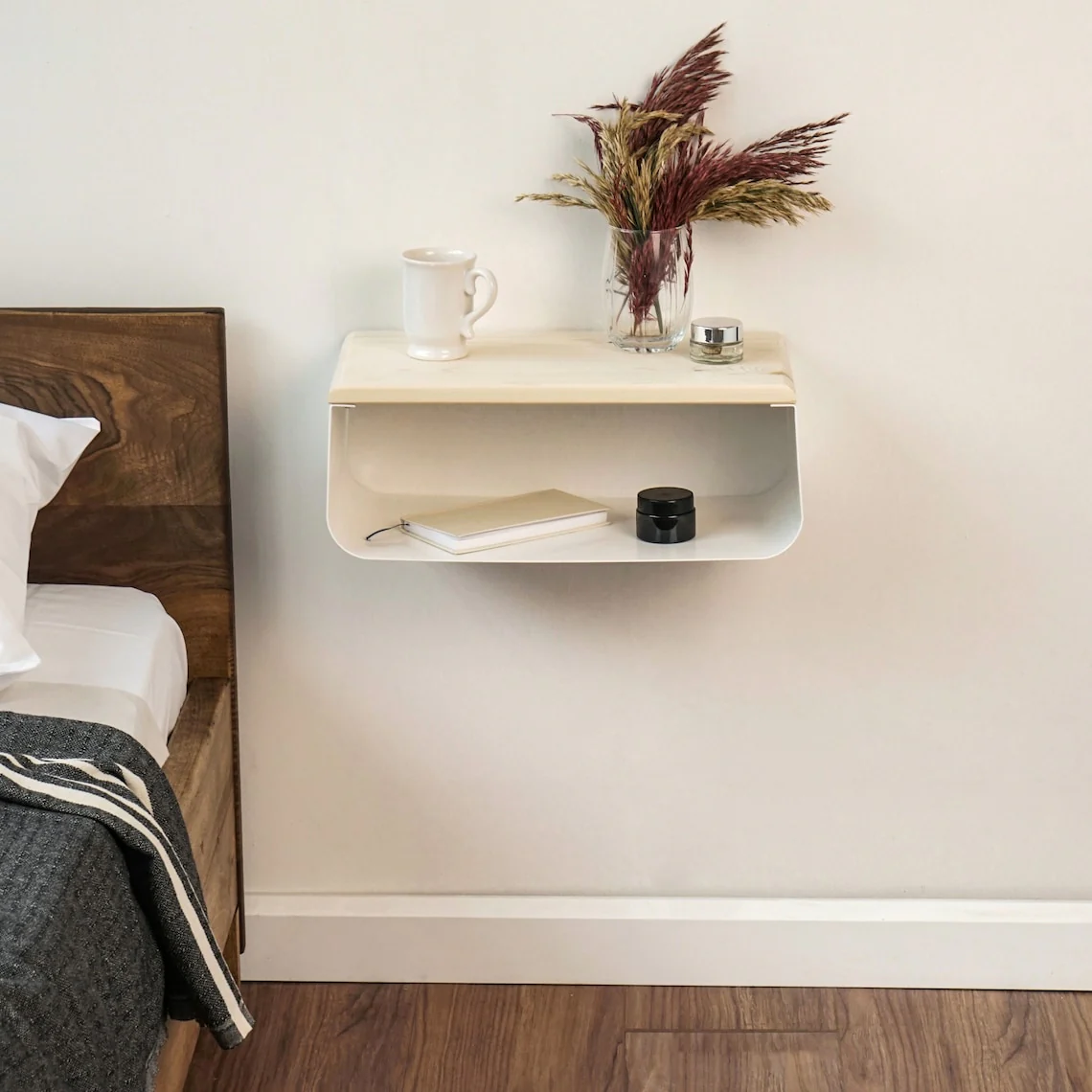 Floating Nightstand with Wooden Top and Sturdy Metal Base White - Image 4