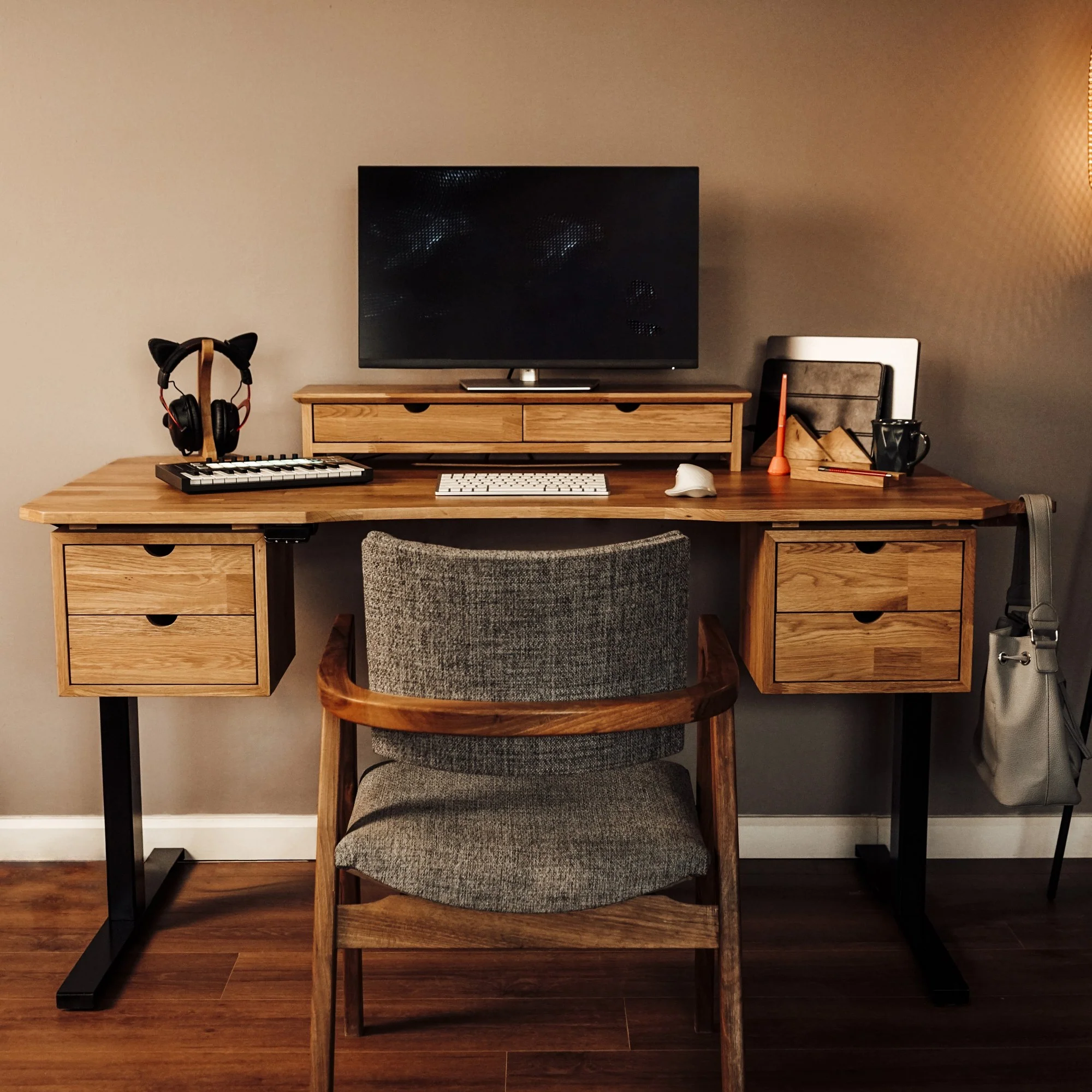 Wood Studio Desk Workstation With Storage and Monitor Stand - Image 11