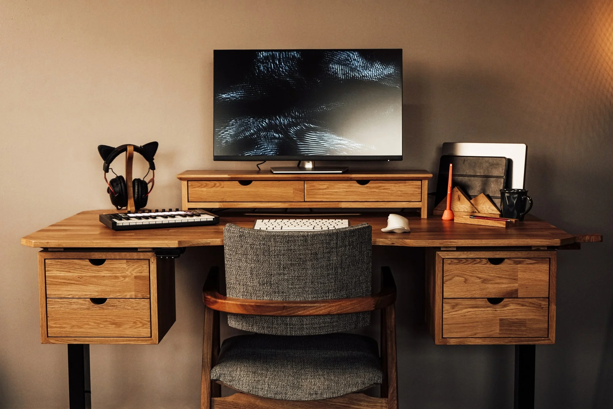 Wood Studio Desk Workstation With Storage and Monitor Stand - Image 12