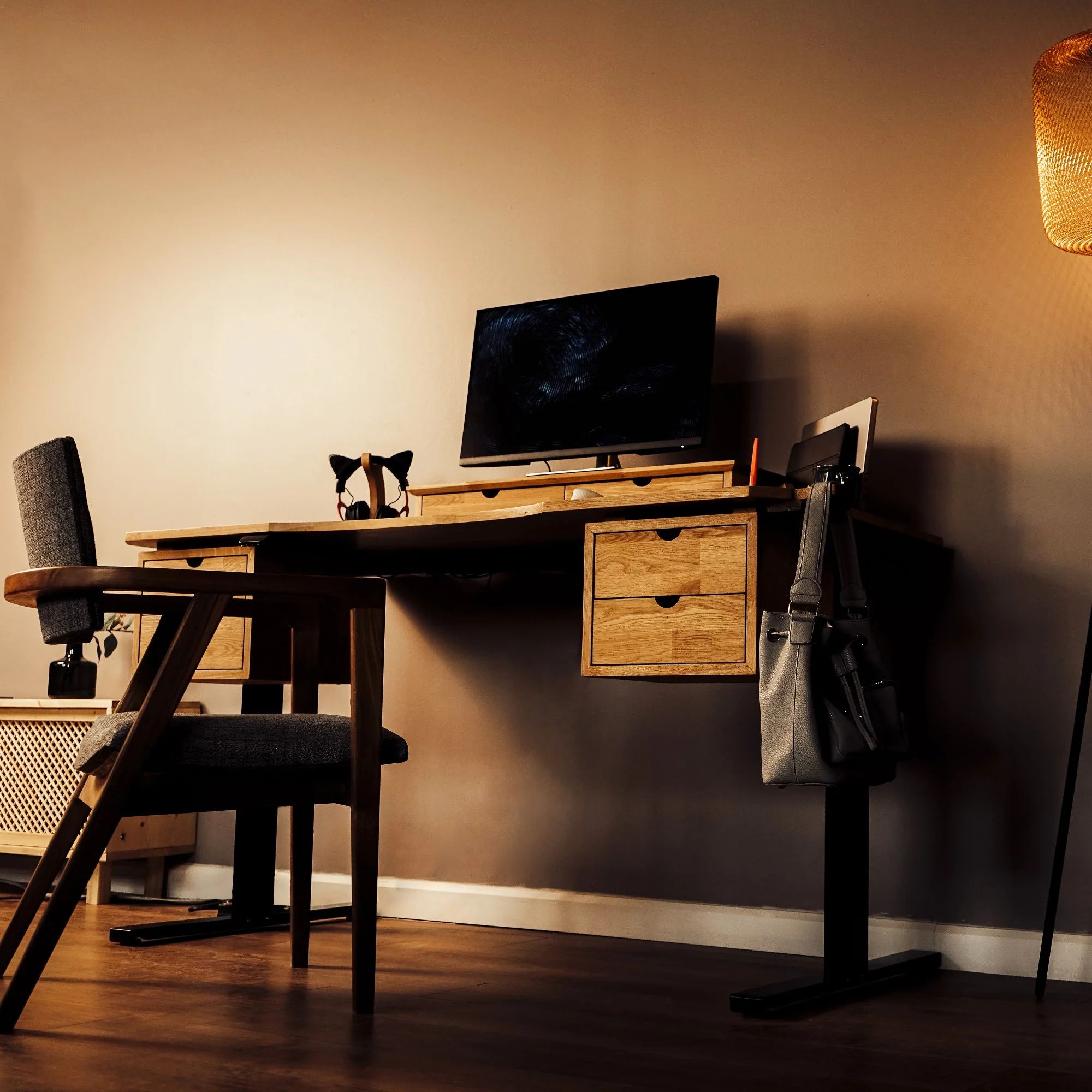 Wood Studio Desk Workstation With Storage and Monitor Stand - Image 9